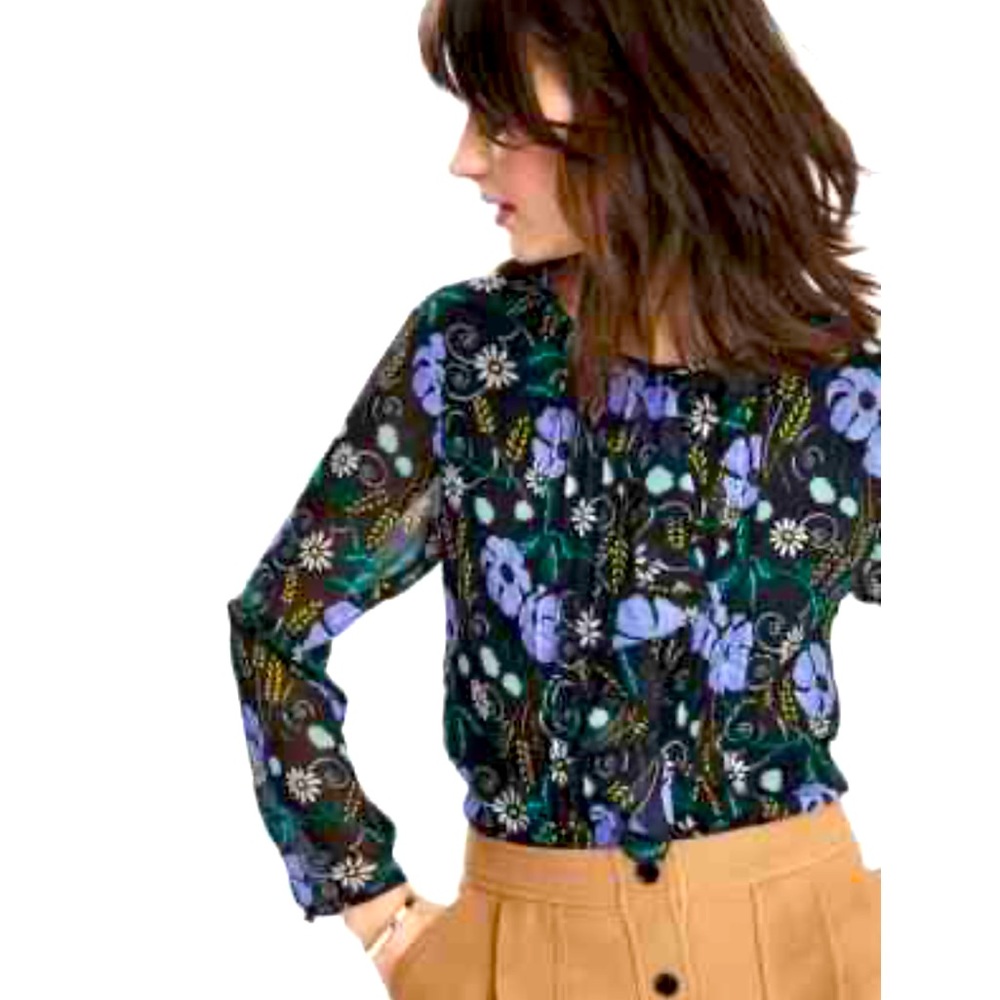 🌼 Banana Republic Black Floral Long-Sleeve Blouse with Floral Accents